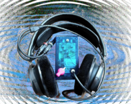 Electric device connected to headphones. Background: Waves in blue and dark grey.